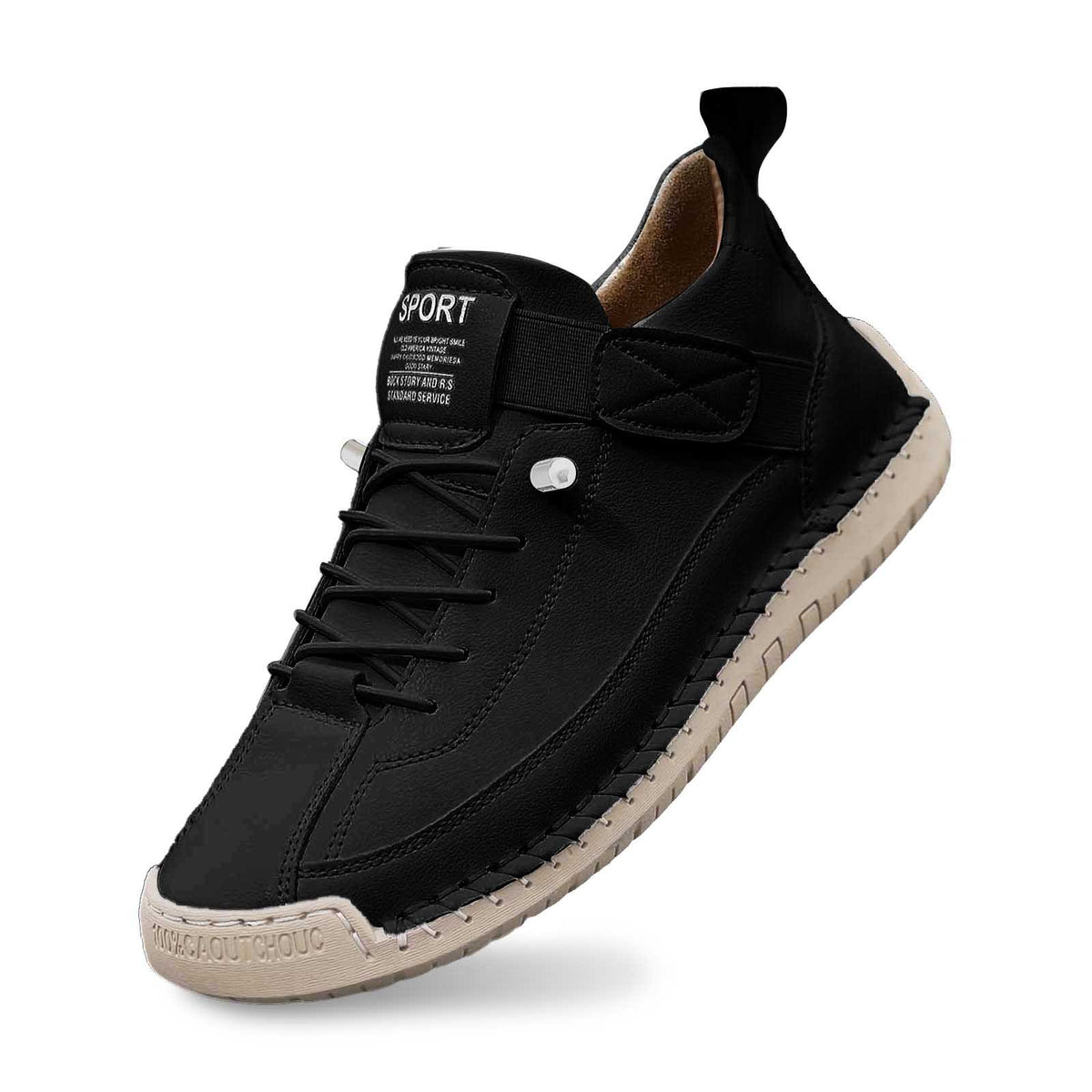 Saela hand-stitched flats in black with yellow sole