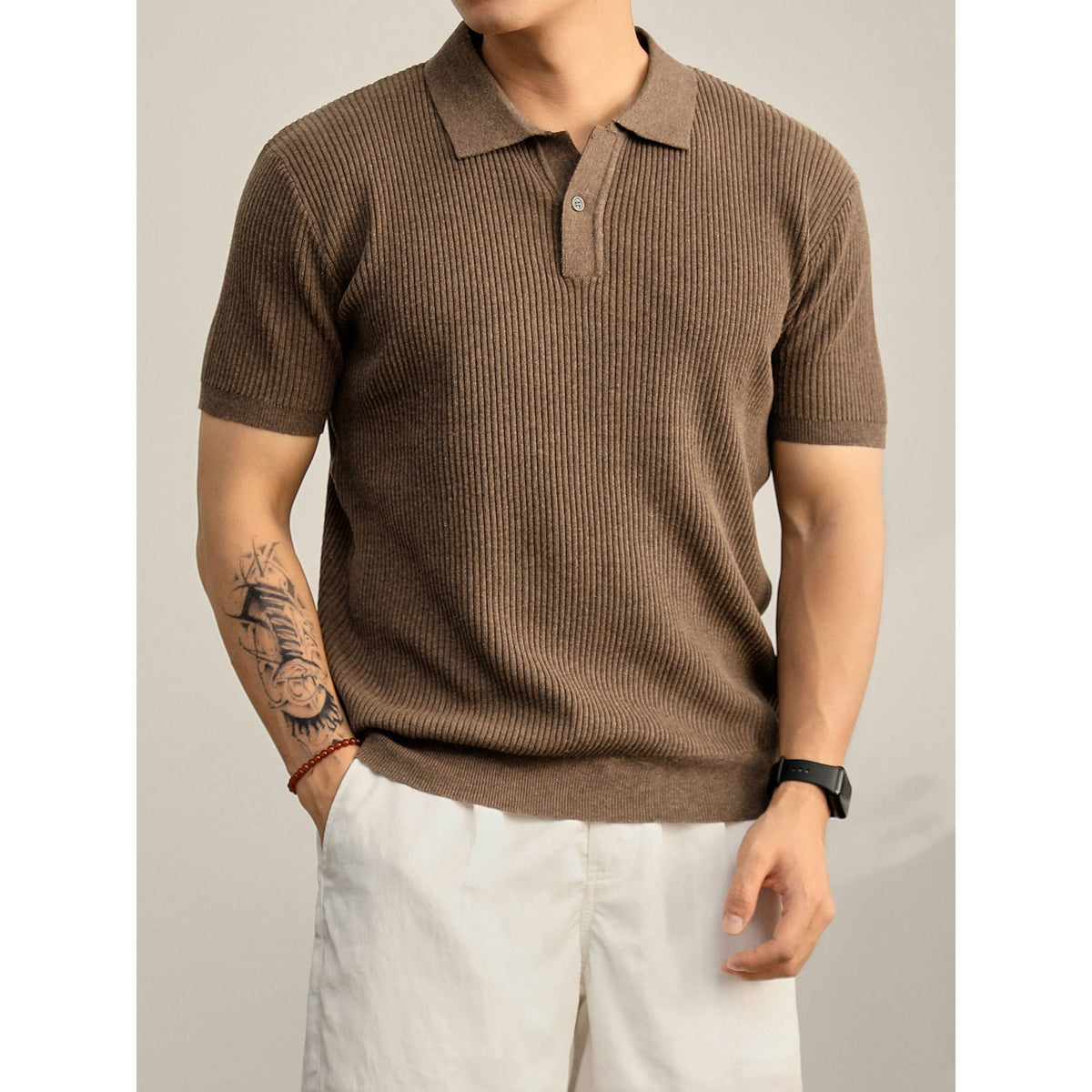 Antoine | Men's Ribbed Knit Button-Collar Polo Shirt