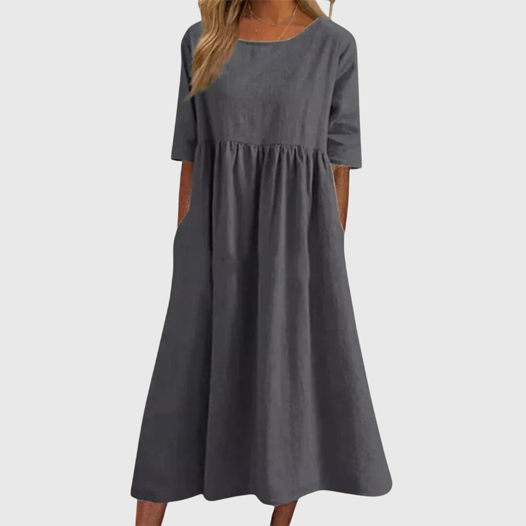 Heloise | Women's Linen-Blend Half-Sleeve Pleated Pocket Midi Dress