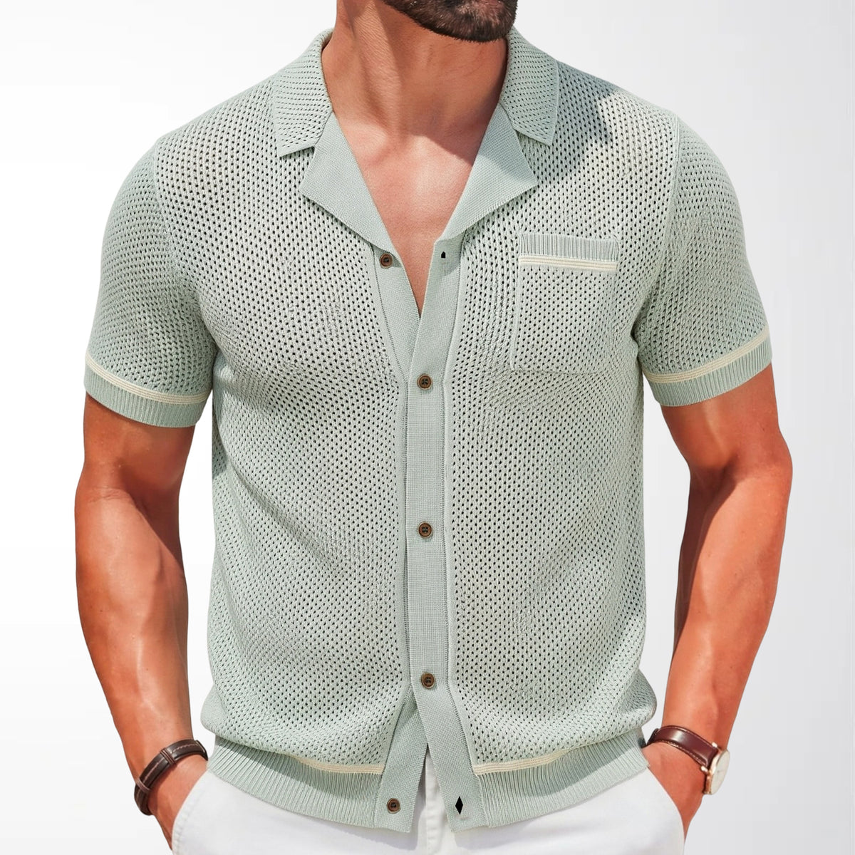 Benoit | Men's Cuban Collar Open-Knit Polo Shirt