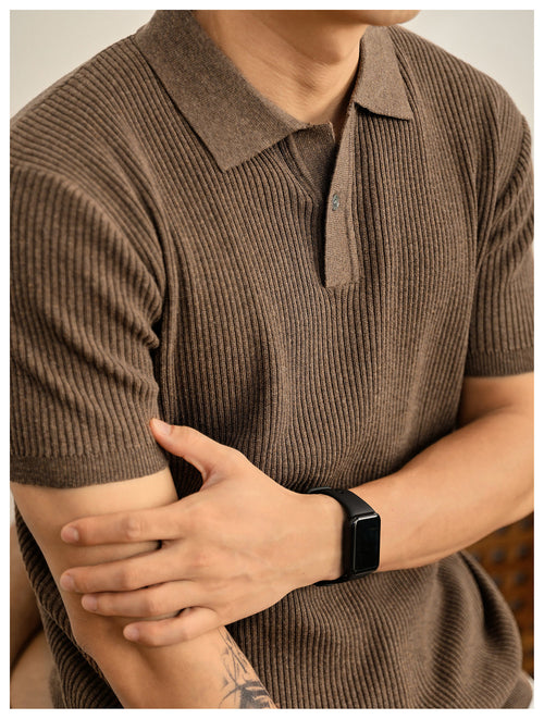 Antoine | Men's Ribbed Knit Button-Collar Polo Shirt