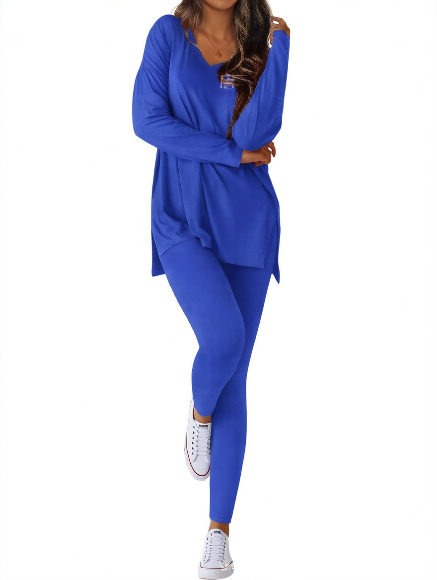 Layla split-hem top and leggings set in blue