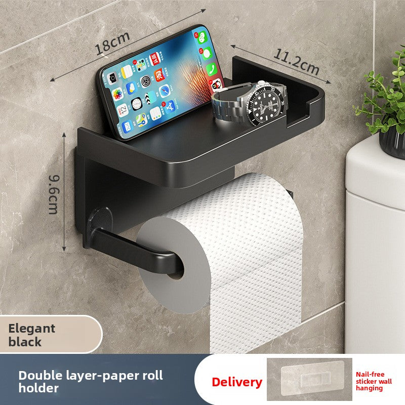 Wall-Mounted Toilet Roll Holder — Matte Black Open Shelf