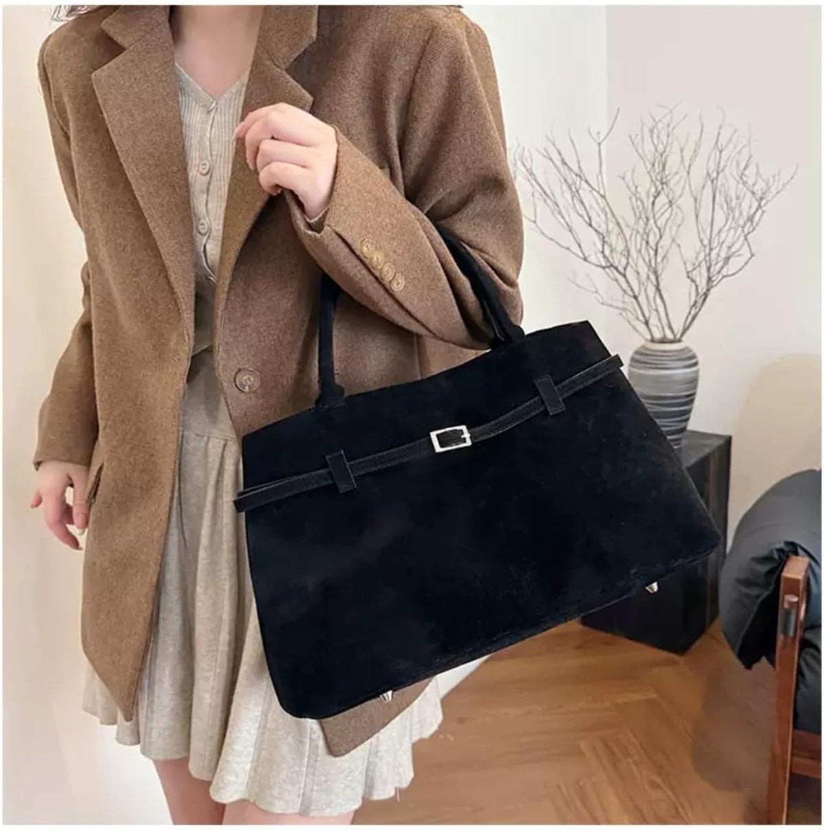 Amelie | Women's Faux Suede Belt-Buckle Tote Bag