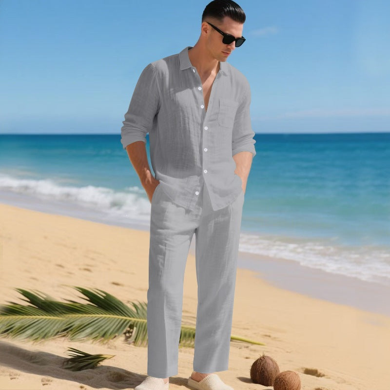 Mens Casual Linen Shirt and Pants Set
