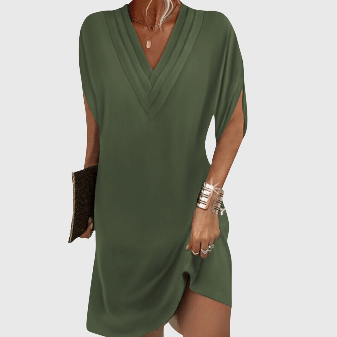 Amandine | Women's V-Neck Batwing Sleeve Pleated Shift Dress