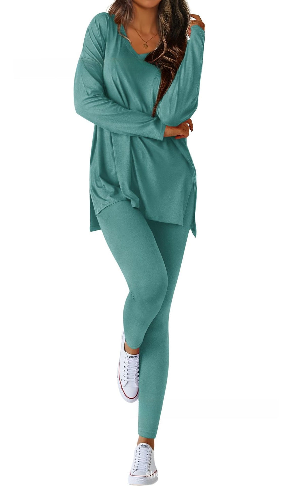 Layla split-hem top and leggings set in blue green