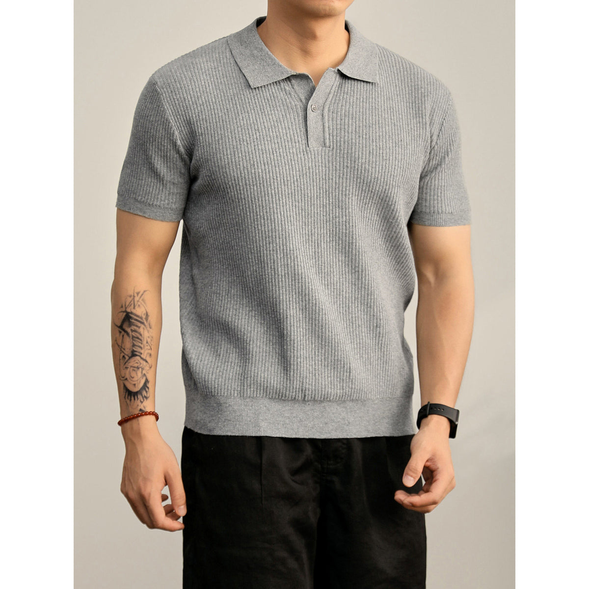 Antoine | Men's Ribbed Knit Button-Collar Polo Shirt