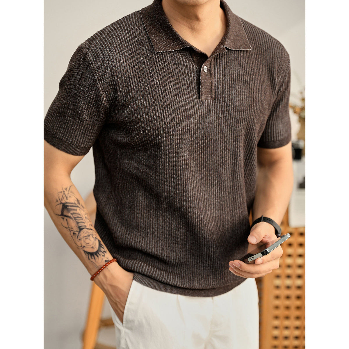 Antoine | Men's Ribbed Knit Button-Collar Polo Shirt