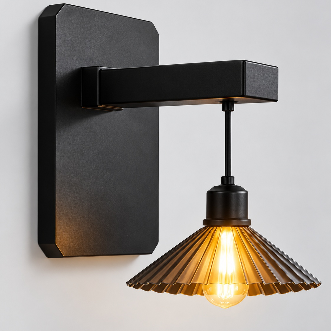 Retro solar light and shadow wall lamp, black backplate with fluted cone shade