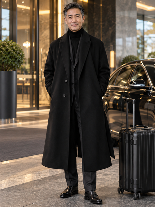 Man wearing the double-layer wool overcoat in black, front view