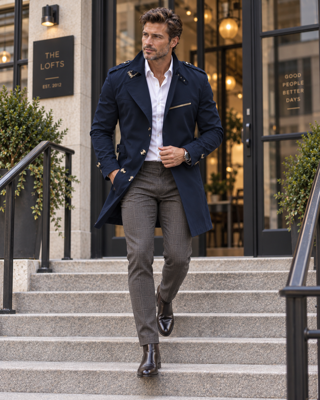 Alexander double-breasted wool trench coat in navy, worn on city steps