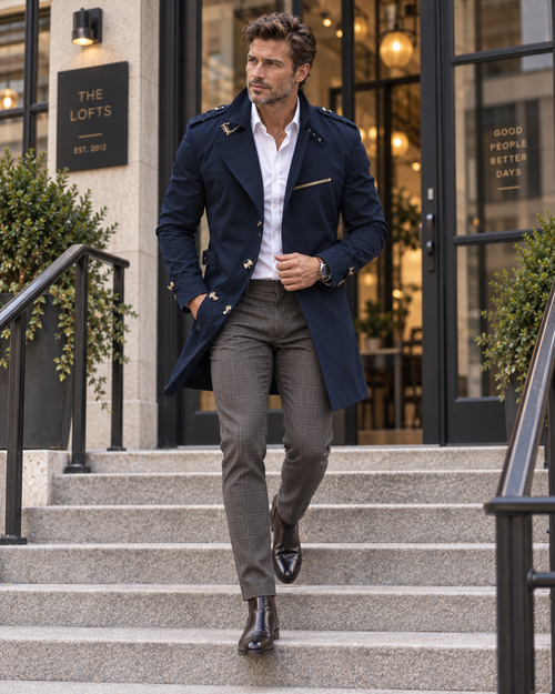 Alexander double-breasted wool trench coat in navy, worn on city steps