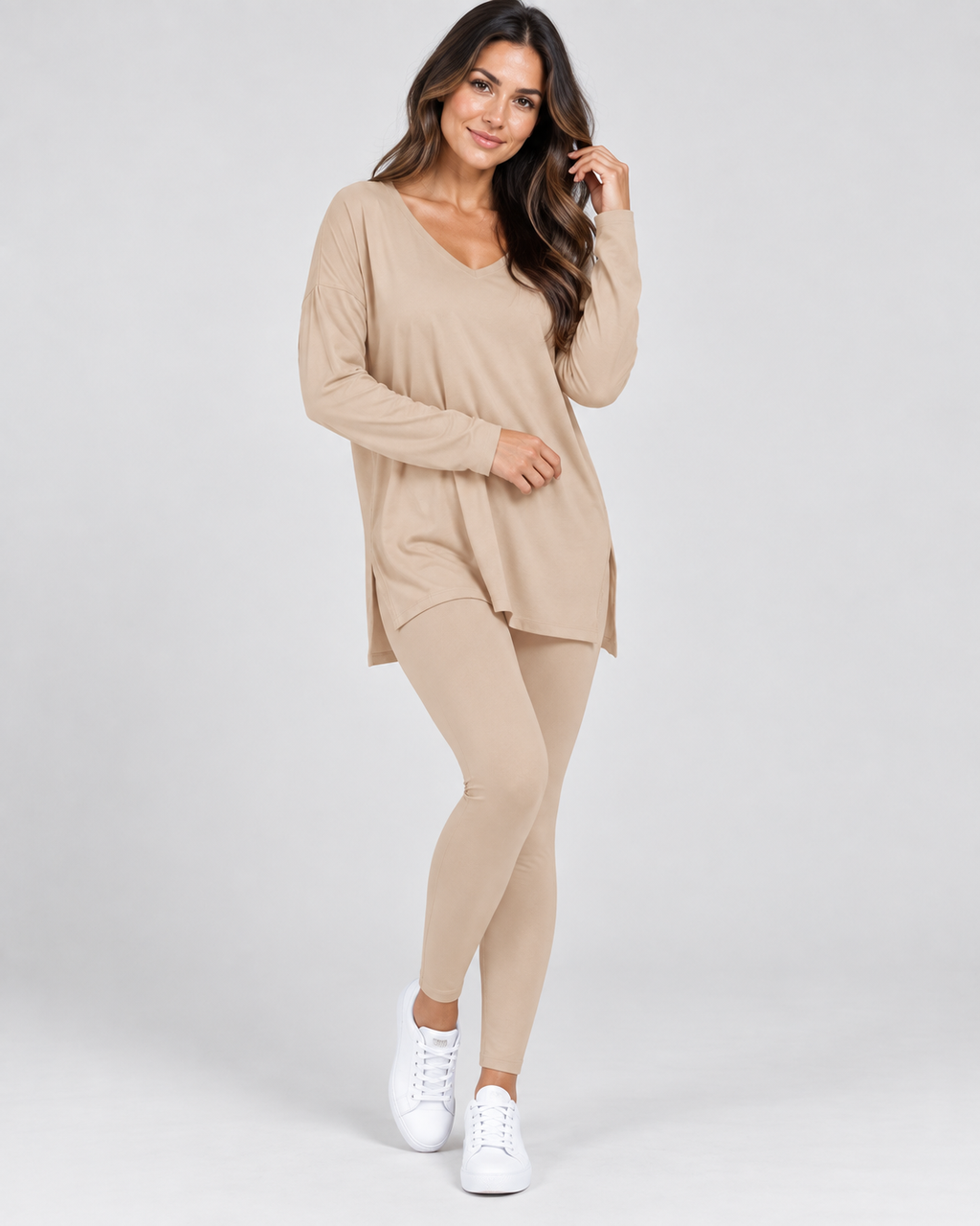 Layla split-hem top and leggings set, lifestyle