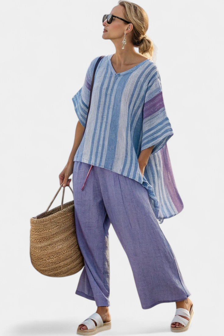 Zellora | Women's Striped Linen Blend Top & Wide-Leg Trousers Set