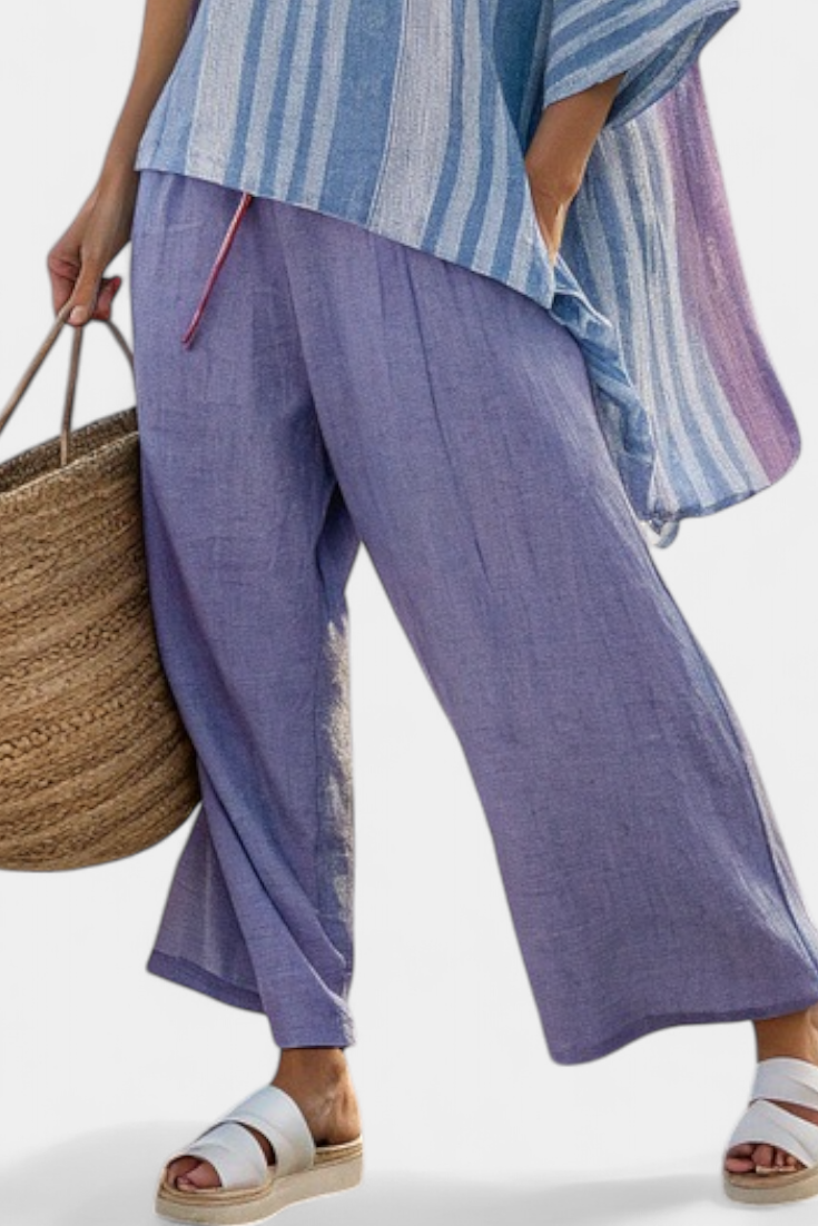 Zellora | Women's Striped Linen Blend Top & Wide-Leg Trousers Set
