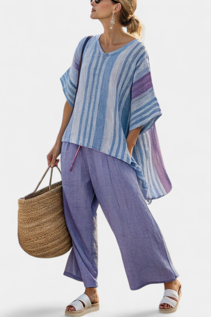Zellora | Women's Striped Linen Blend Top & Wide-Leg Trousers Set