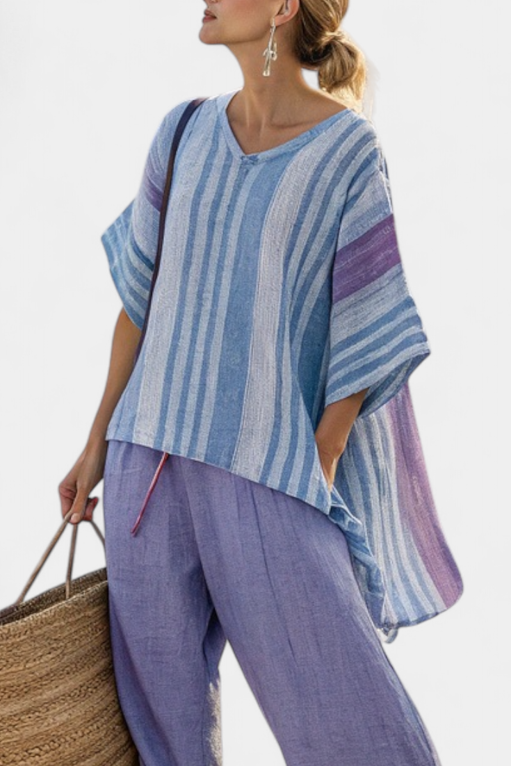 Zellora | Women's Striped Linen Blend Top & Wide-Leg Trousers Set