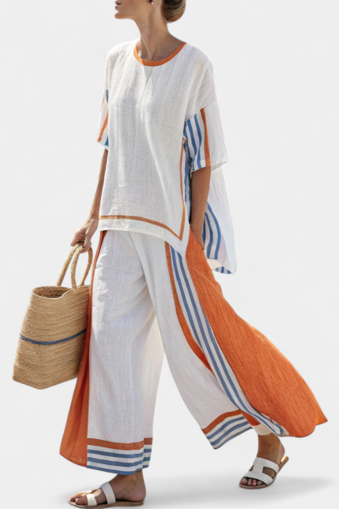 Thorneil | Women's Comfortable Wide-Leg Striped Pants and Linen Top Set