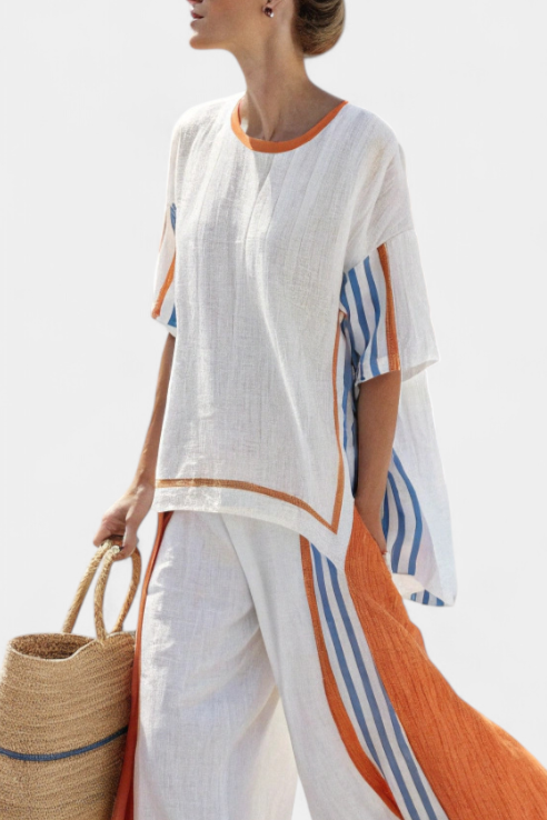 Thorneil | Women's Comfortable Wide-Leg Striped Pants and Linen Top Set