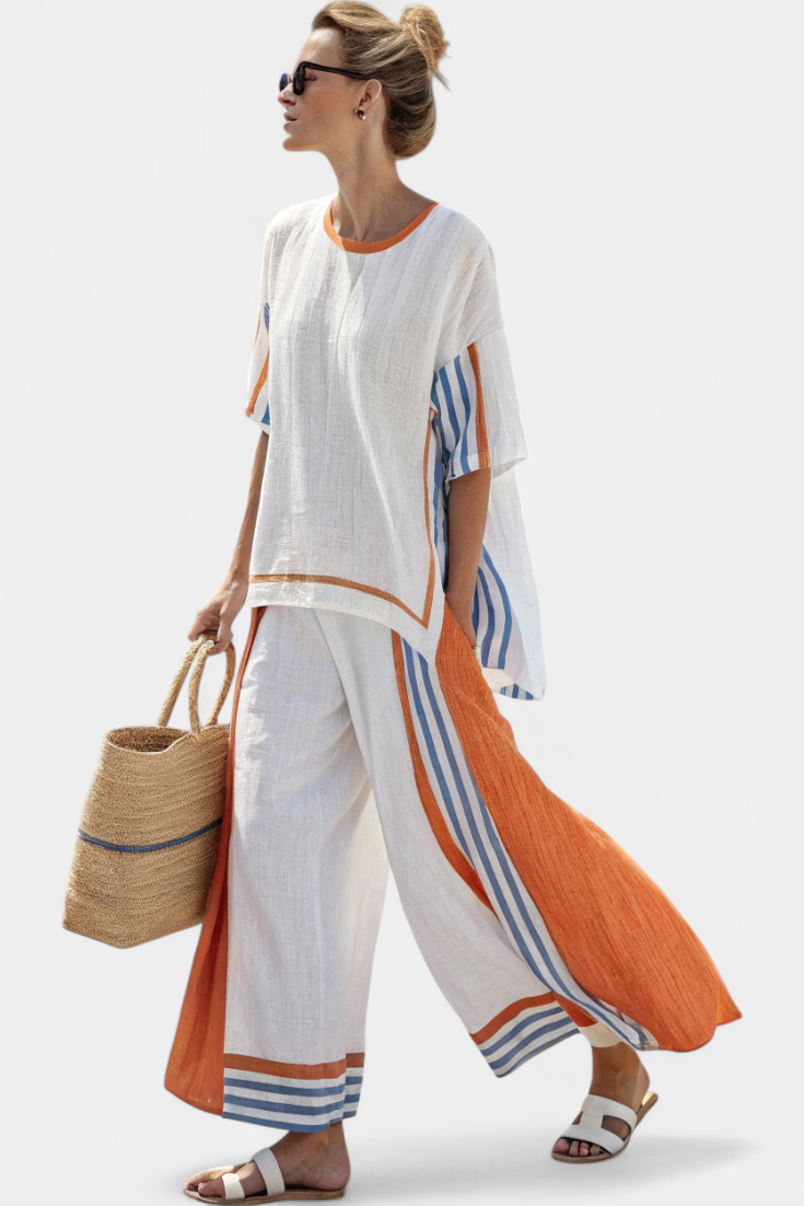 Thorneil | Women's Comfortable Wide-Leg Striped Pants and Linen Top Set