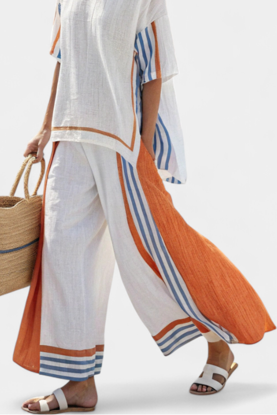 Thorneil | Women's Comfortable Wide-Leg Striped Pants and Linen Top Set