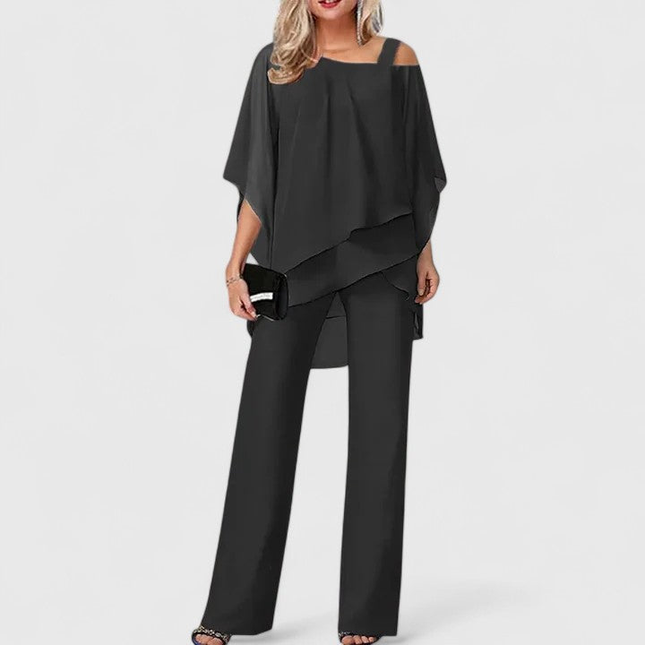 Sidonie | Women's Off-Shoulder Cape-Sleeve Top and Wide-Leg Trouser Set
