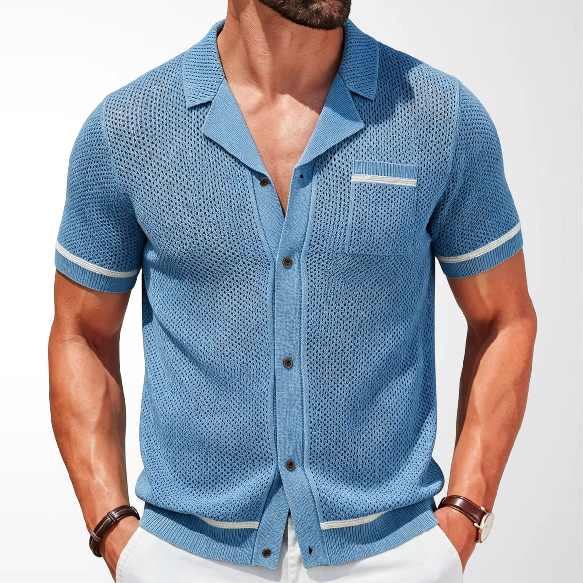 Benoit | Men's Cuban Collar Open-Knit Polo Shirt