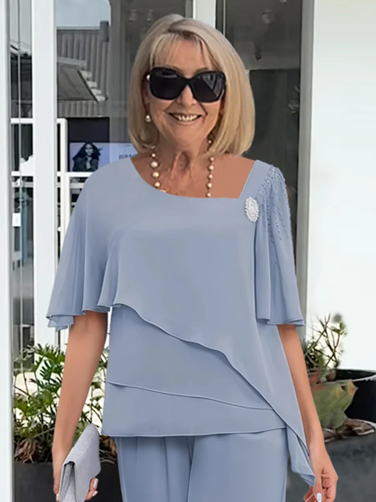 Elizabeth | Women's Chiffon Cape-Sleeve Top and Wide-Leg Trouser Set
