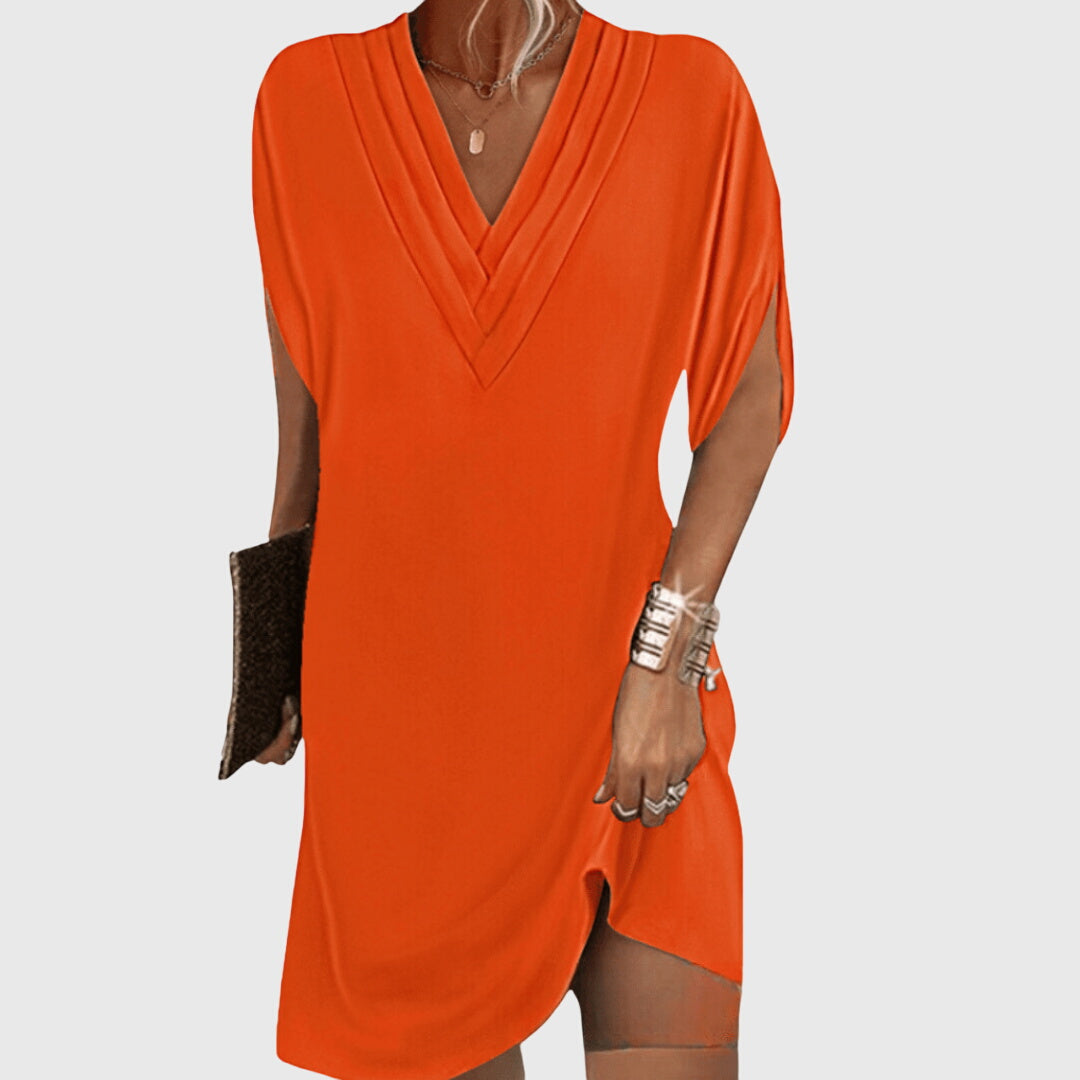 Amandine | Women's V-Neck Batwing Sleeve Pleated Shift Dress
