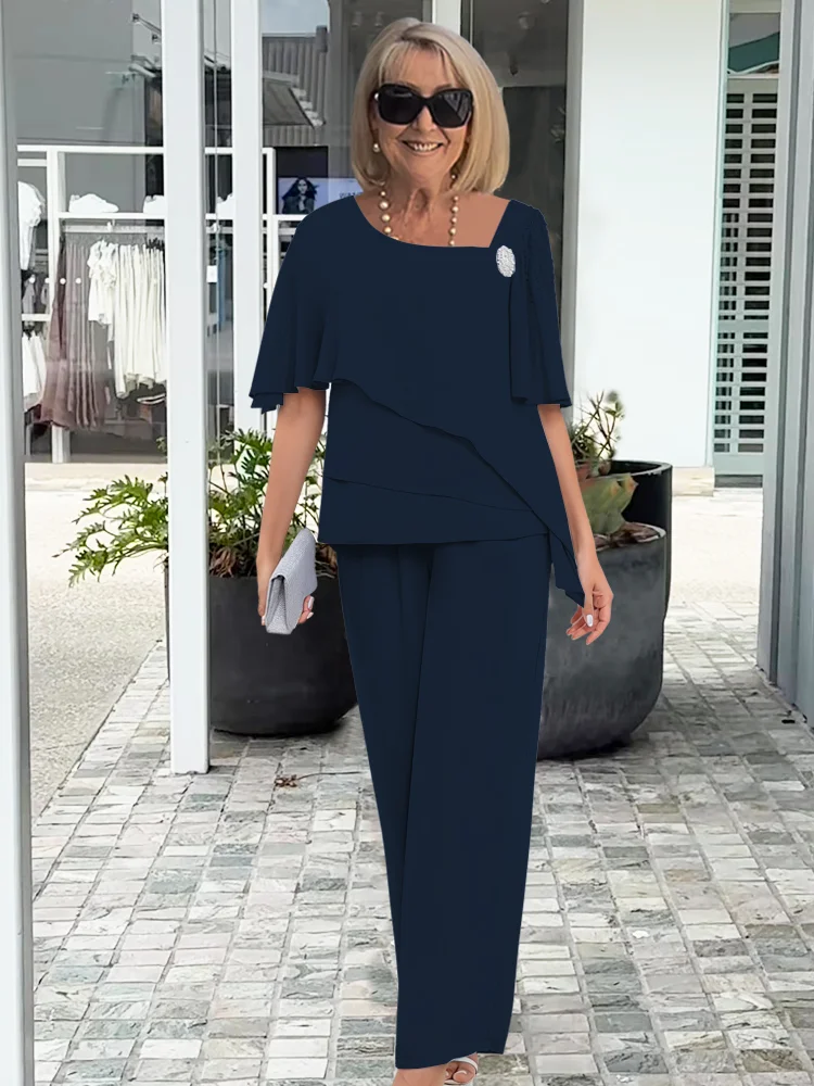 Elizabeth | Women's Chiffon Cape-Sleeve Top and Wide-Leg Trouser Set