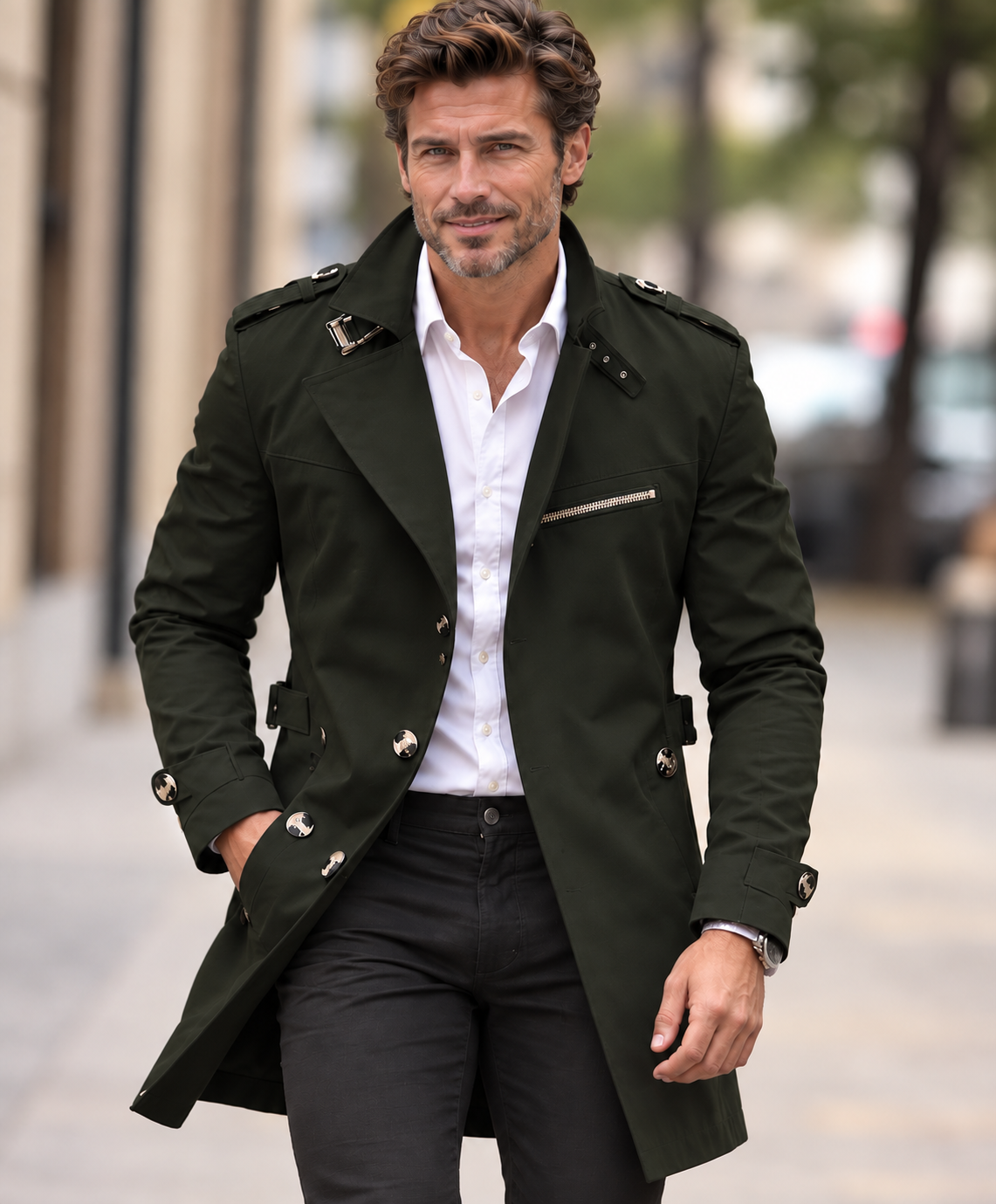 Alexander double-breasted wool trench coat in olive, worn on a street
