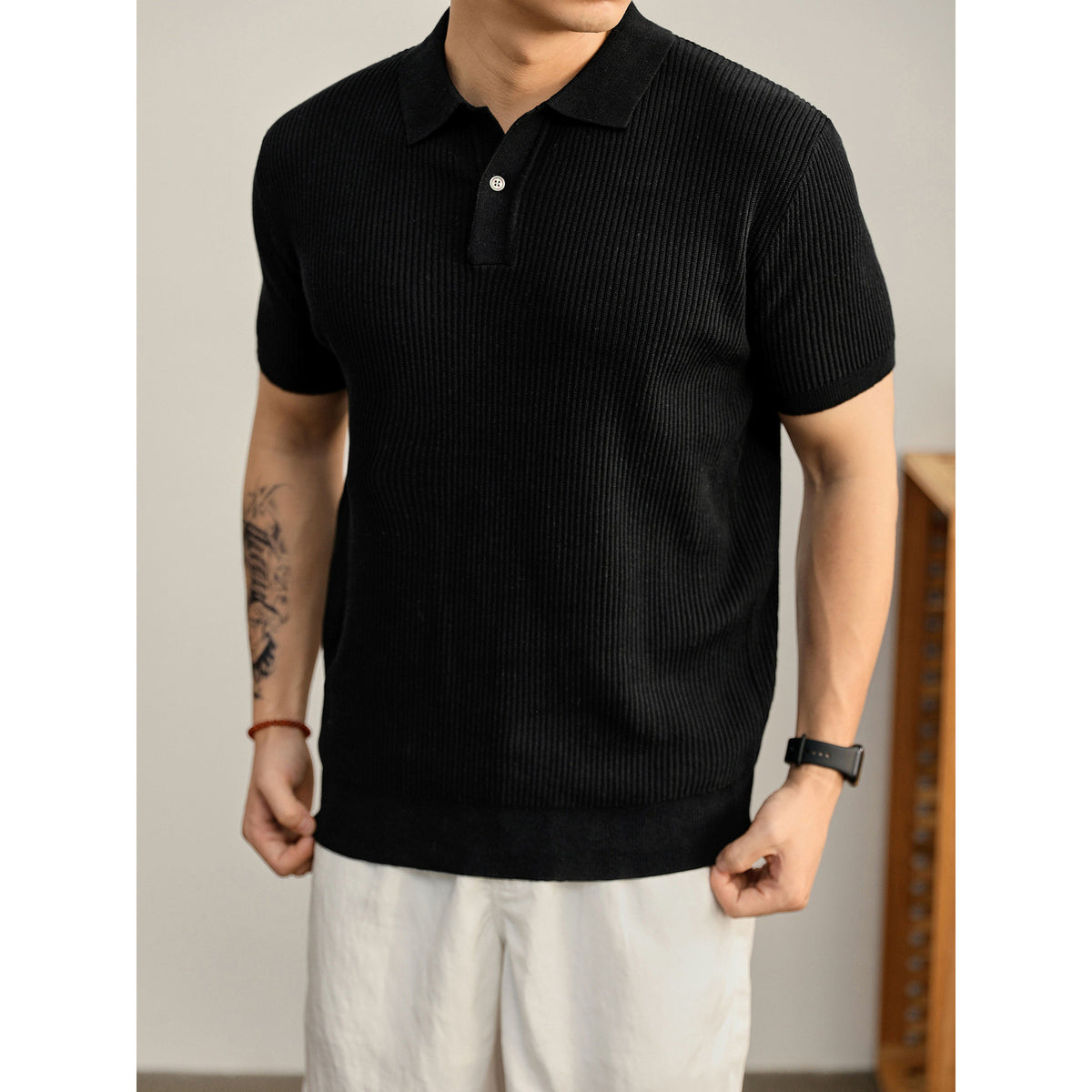Antoine | Men's Ribbed Knit Button-Collar Polo Shirt