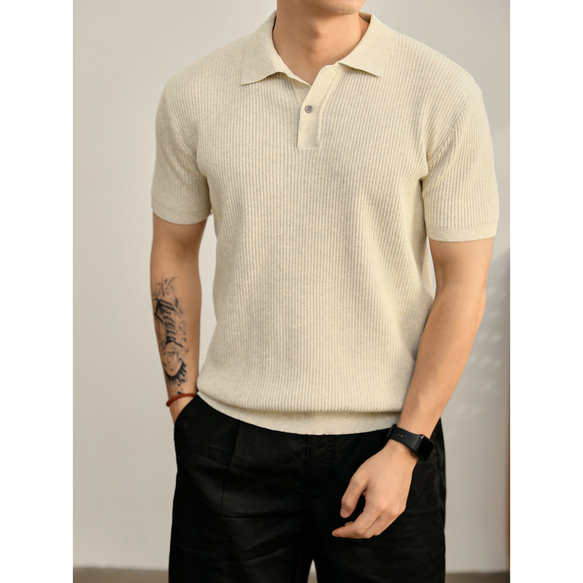 Antoine | Men's Ribbed Knit Button-Collar Polo Shirt