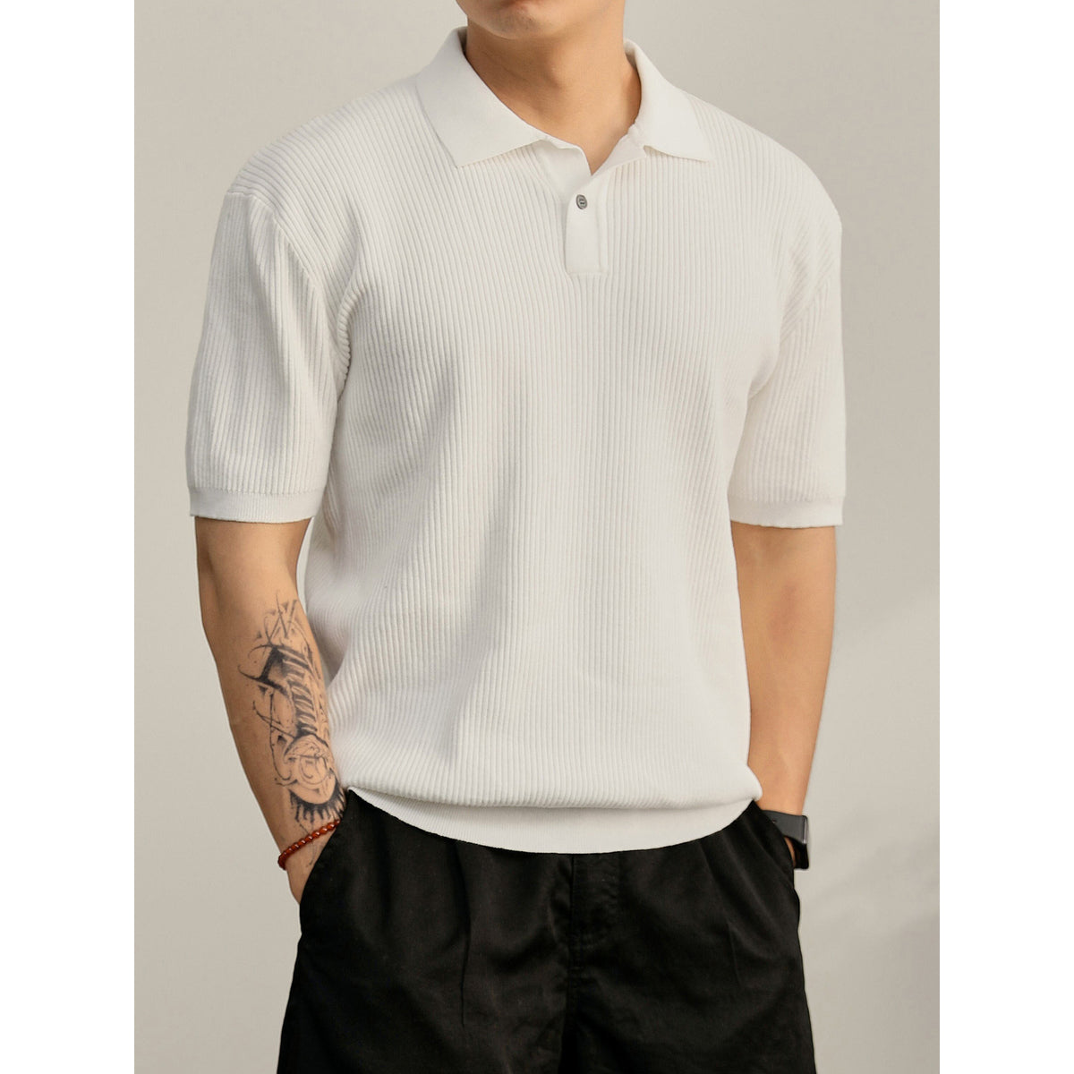 Antoine | Men's Ribbed Knit Button-Collar Polo Shirt