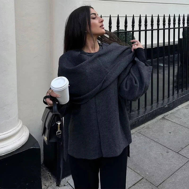 Oceane | Women's Asymmetric Scarf-Collar Knitted Coat