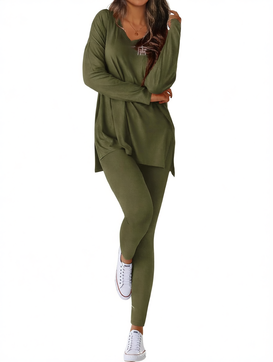 Layla split-hem top and leggings set in army green