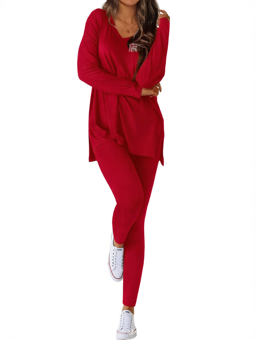 Layla split-hem top and leggings set in red