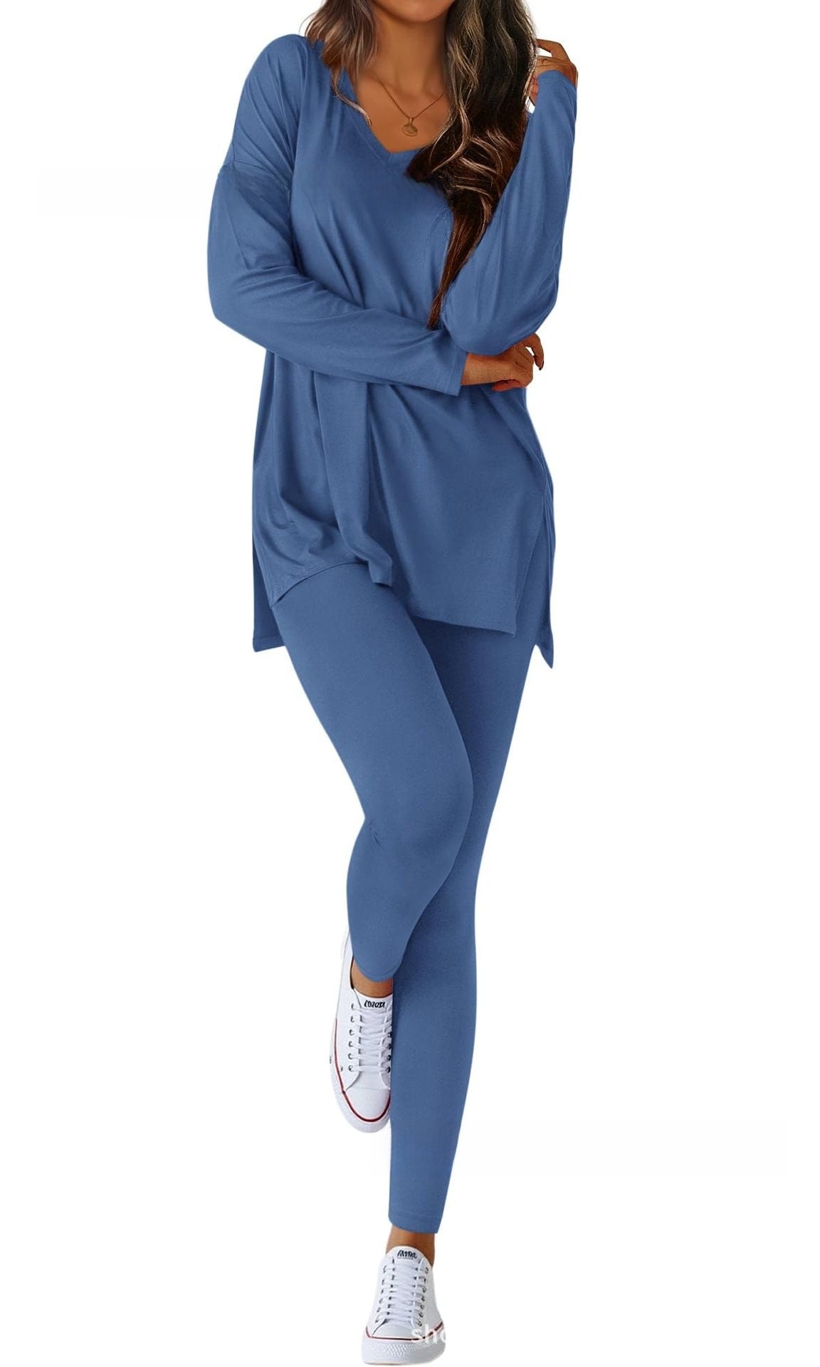 Layla split-hem top and leggings set in gray blue