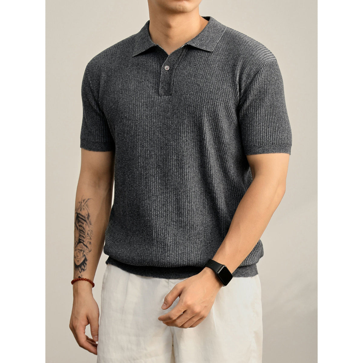 Antoine | Men's Ribbed Knit Button-Collar Polo Shirt