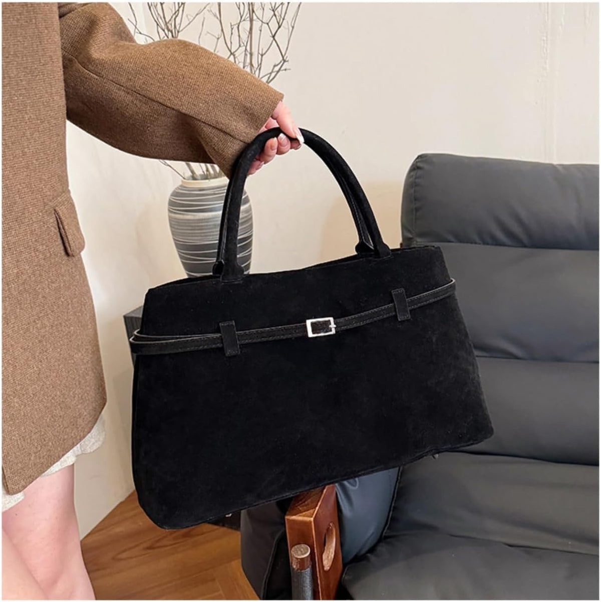 Amelie | Women's Faux Suede Belt-Buckle Tote Bag