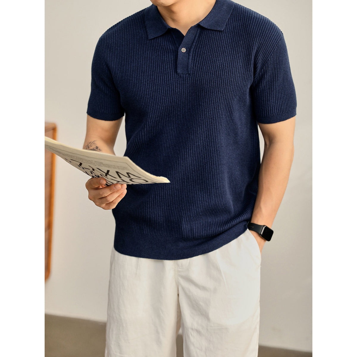 Antoine | Men's Ribbed Knit Button-Collar Polo Shirt
