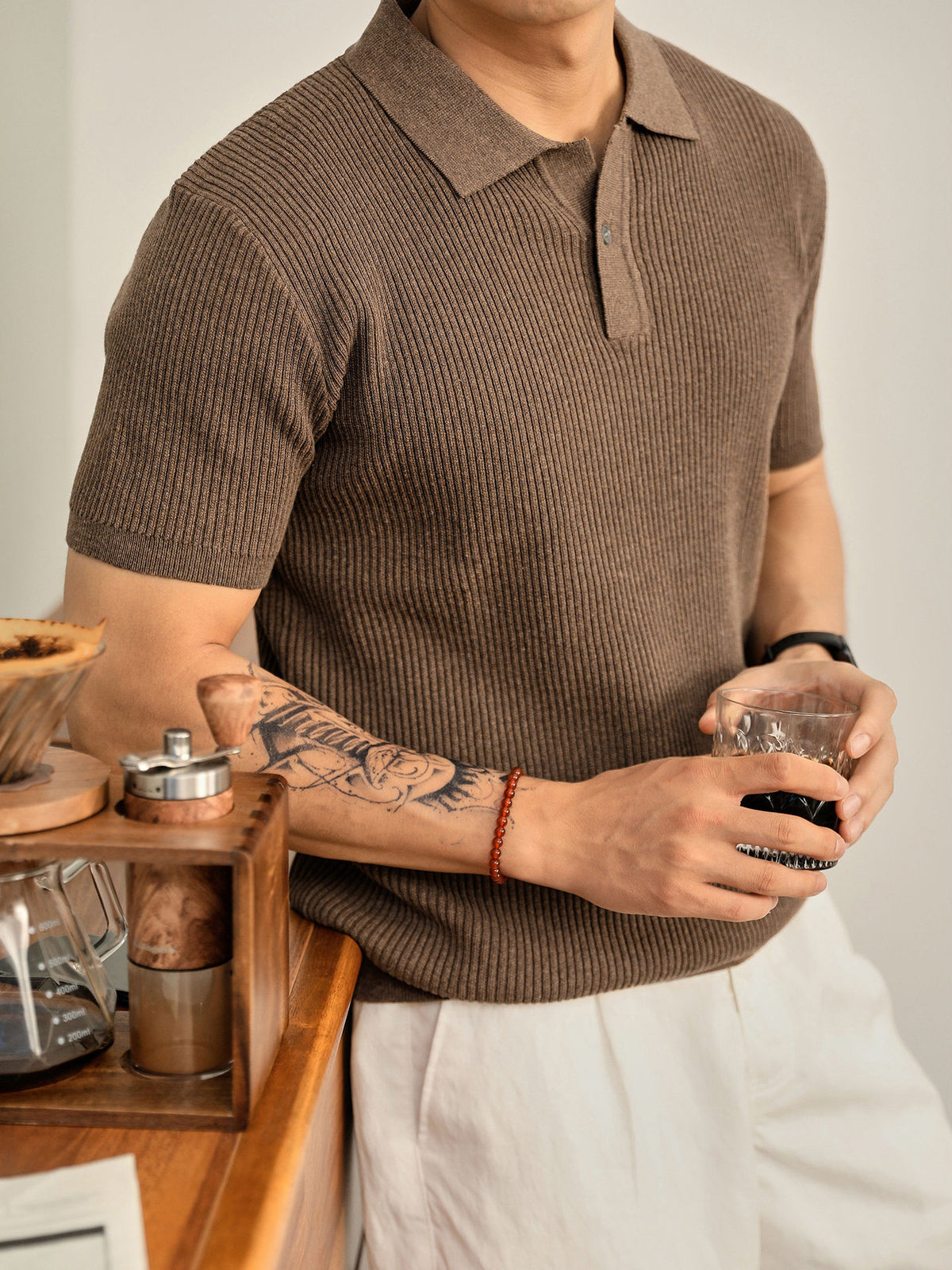 Antoine | Men's Ribbed Knit Button-Collar Polo Shirt