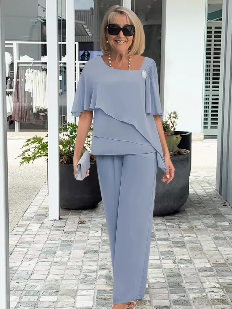 Elizabeth | Women's Chiffon Cape-Sleeve Top and Wide-Leg Trouser Set