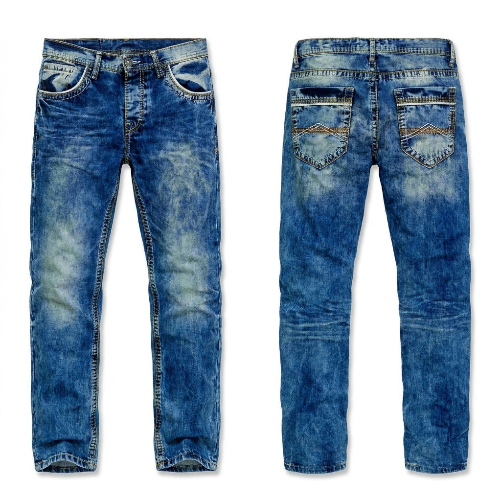 Rufus relaxed straight-leg jeans in blue, front and back