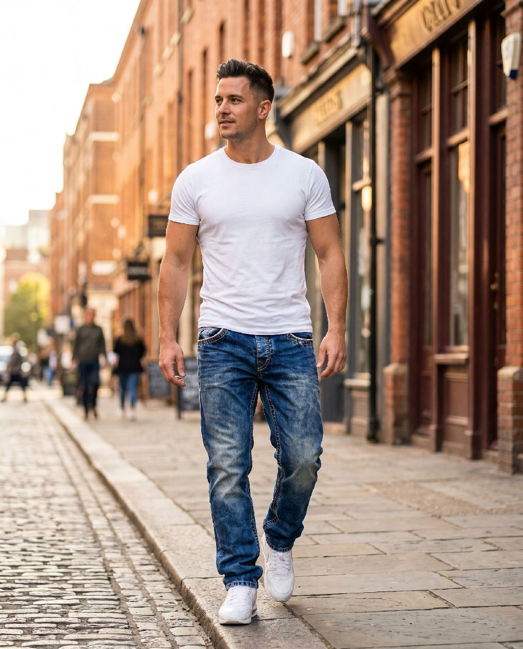 Man wearing Rufus relaxed straight-leg jeans in blue on a city street