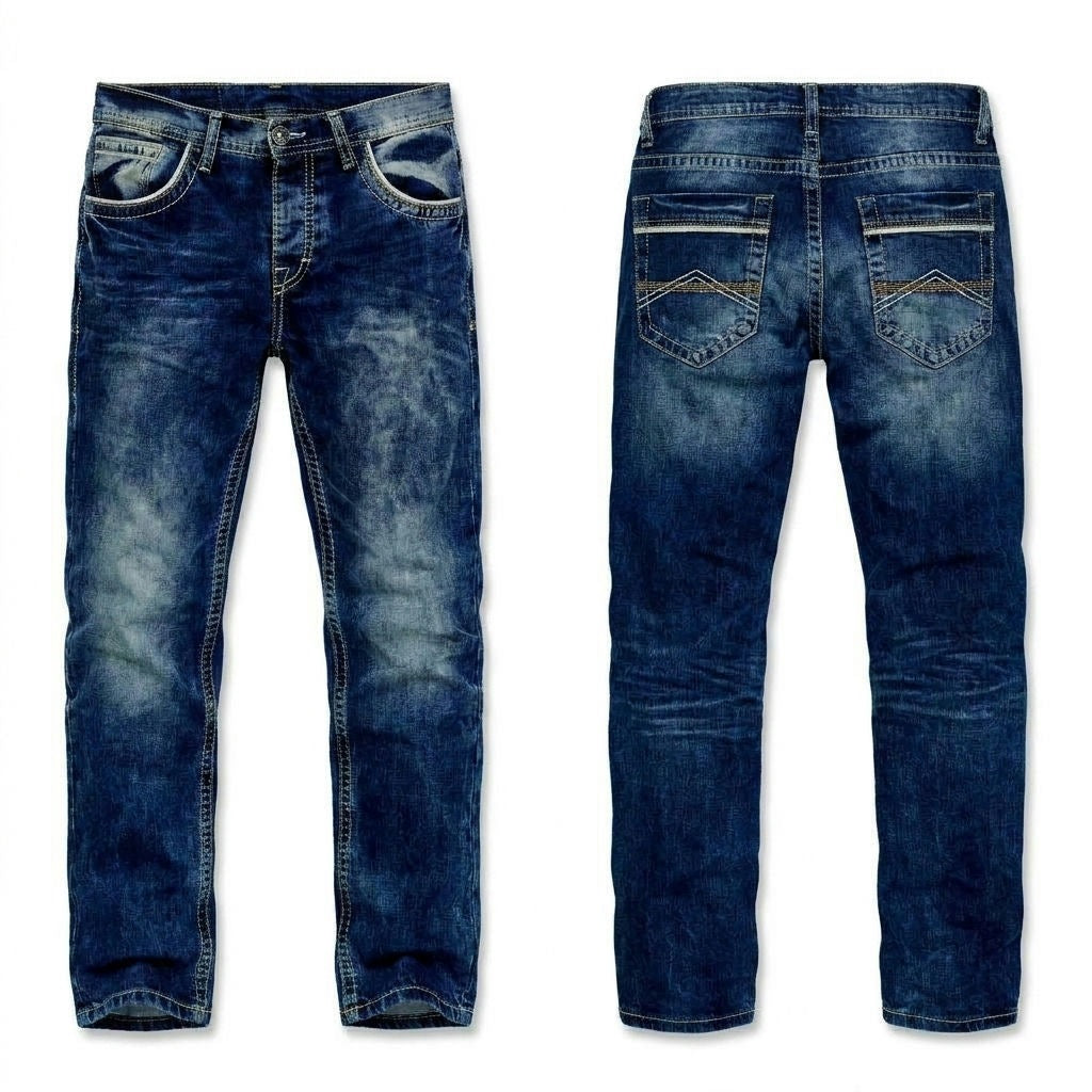Rufus relaxed straight-leg jeans in dark blue, front and back