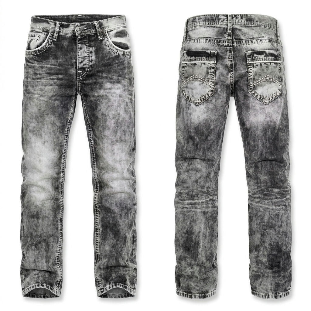Rufus relaxed straight-leg jeans in grey, front and back
