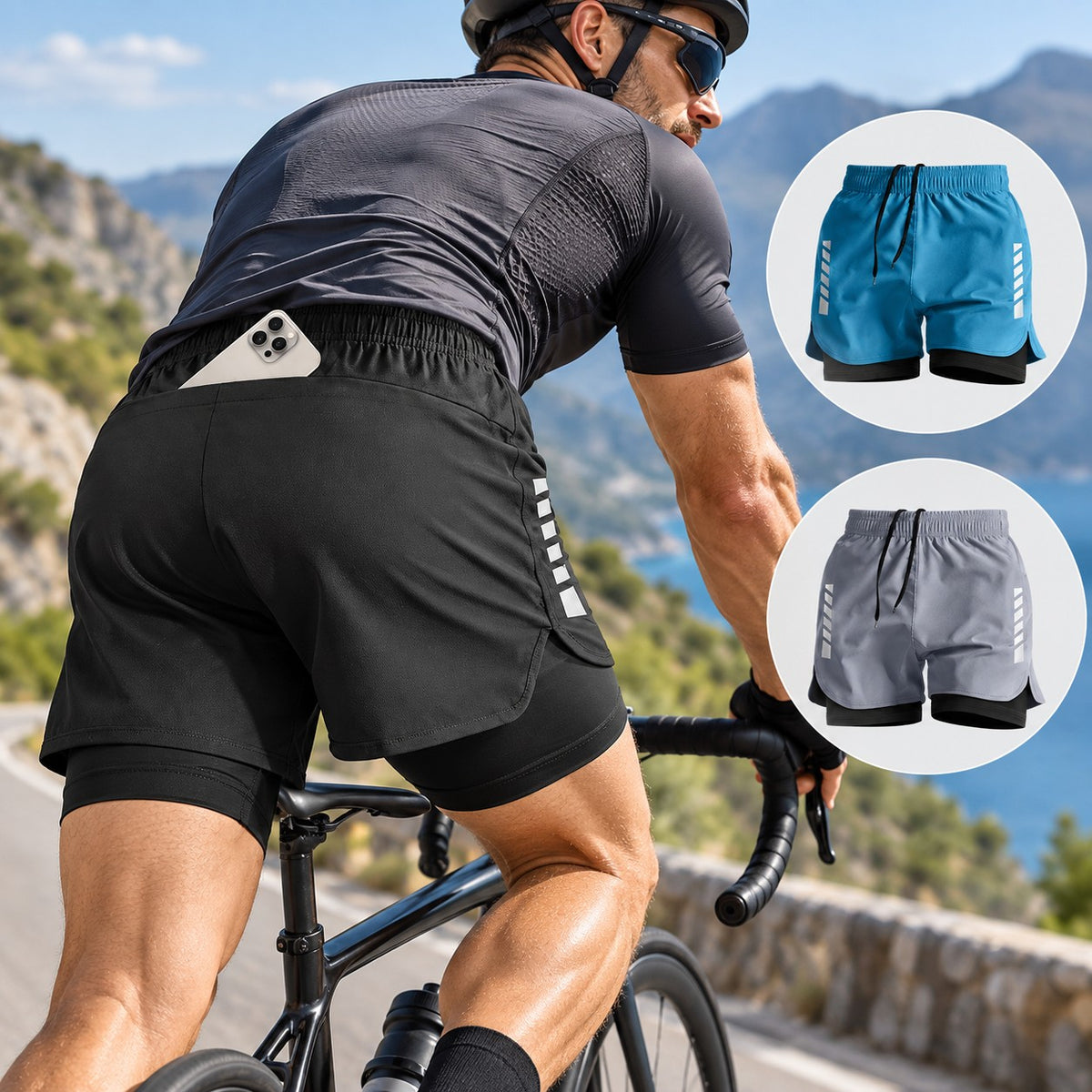 Two-in-one running and cycling shorts with phone pocket