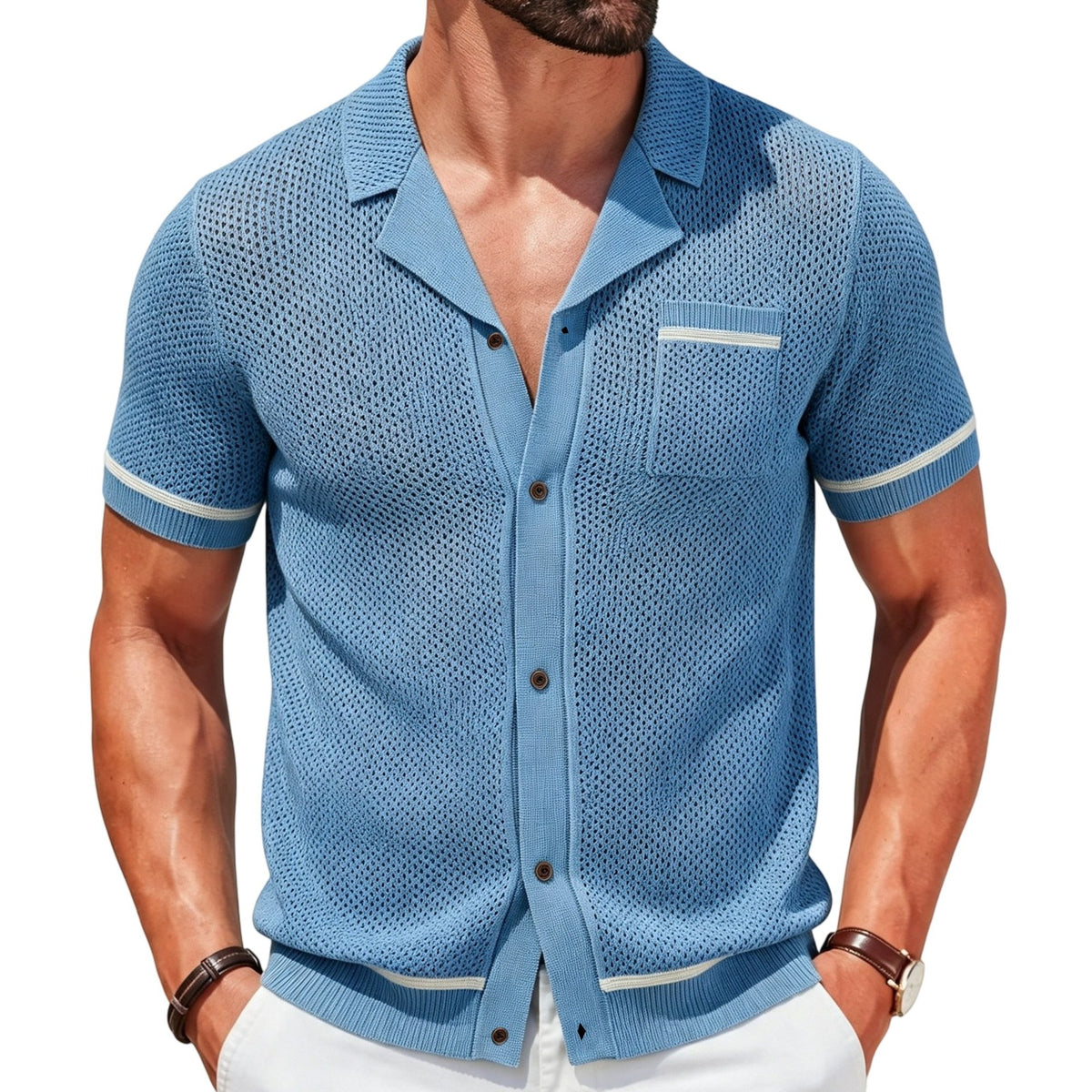 Benoit | Men's Cuban Collar Open-Knit Polo Shirt